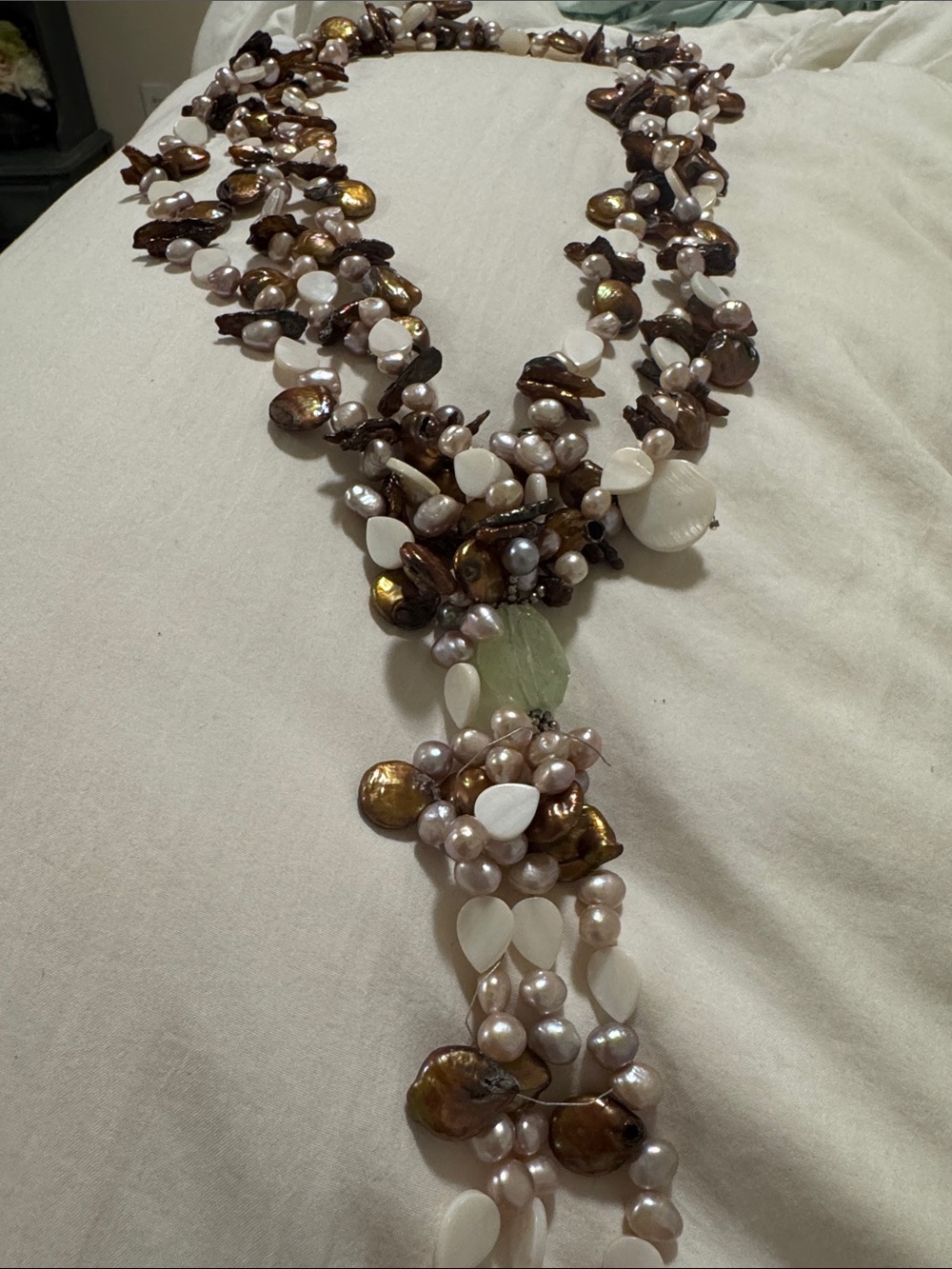 Multi-Tone Pearl and Shell Statement Necklace - Brown, White & Cream